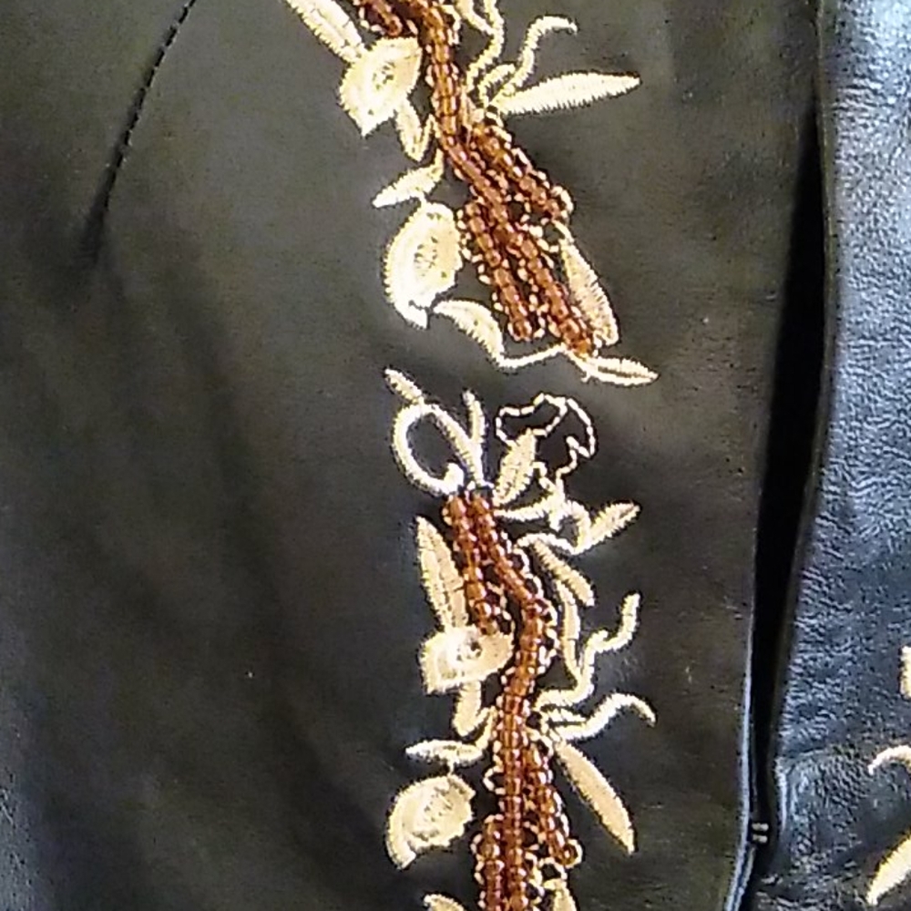 Pamela McCoy Black Leather Jacket with Brown Floral Embroidery - Picture 4 of 4